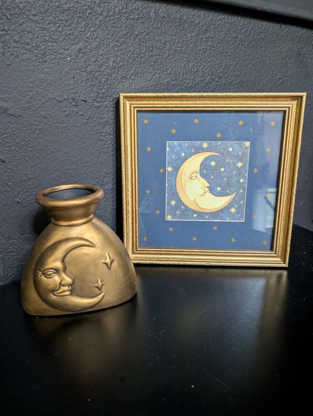 Vintage, Lot of 2, Celestial Moon Gold 90's Mary Beth Zeitz 7" Framed Art / Vase